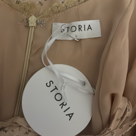 STORIA Yellow Floral Puff Sleeve Dress‎ Cottagecore Mini V Neck Plunge Sz L Lace - Picture 6 of 8